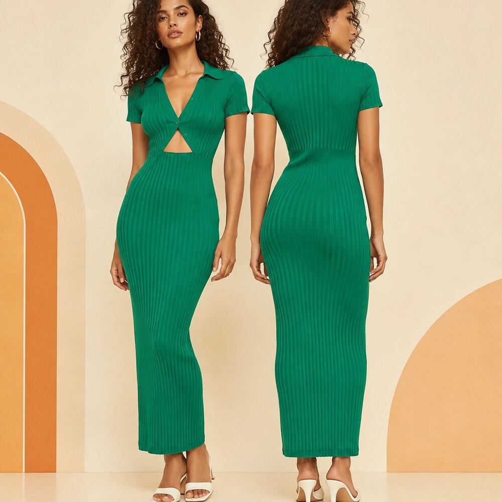 HERA Collection Green Stretchy Ribbed Fitted Knit Collared Long Dress M/L